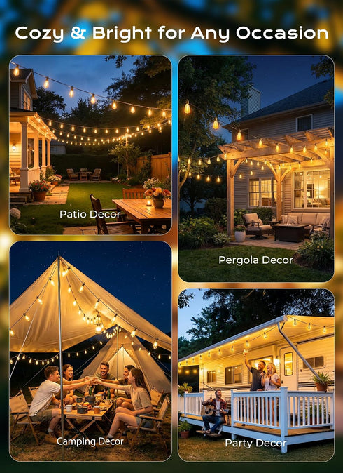 52FT 15+1 Bulbs, Dimmable 3 Brightown Solar String Lights Outdoor Waterproof, Patio Lights with Remote and LED