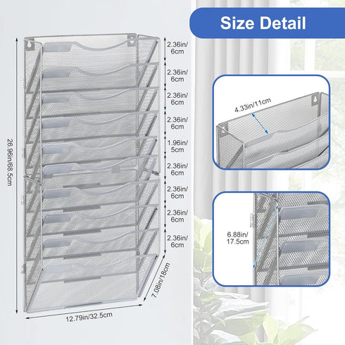 EasyPAG Mesh Wall File Holder, 10 Pockets Vertical Office Hanging File Organizer, Silver Magazine Rack for Documents