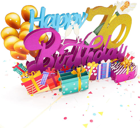 Liif Happy 70th Birthday Pop Up Card, Glitter 70 Birthday Card for Women, Men, with Message Note & Envelope