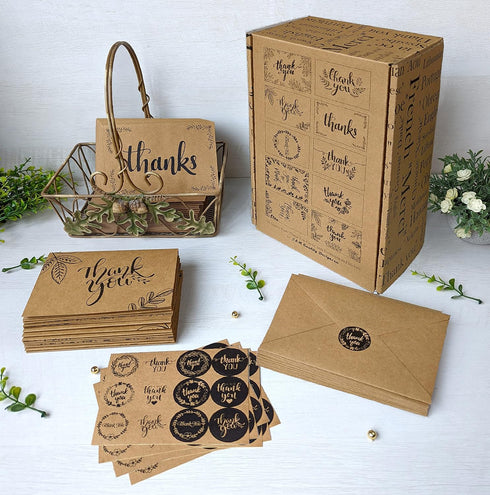 T&M Quality Designs LLC 150 10 4x6 Inch Thank You Cards with Matching Brown Kraft Envelopes and Stickers - Elegant