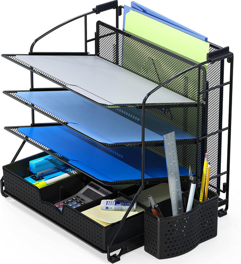 Simple Houseware Desktop Document Tray Organizer with Sliding Drawer, Caddy, Hanging File Section, Black