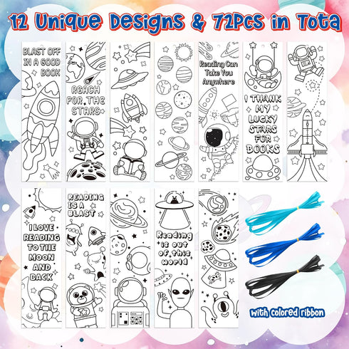EYxsaxenk 72Pcs Color Your Own Bookmarks - Outer Space DIY Coloring Bookmark Astronaut Rocket Planet Blank Paper Book