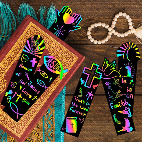CY2SIDE 60PCS Religious Scratch Bookmarks, DIY Crosses Rainbow Color Paper Cards Craft Kits for Christian Sunday School