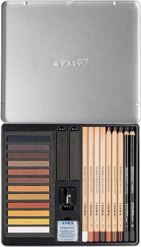 Lyra Metal Box of Pastels and Sketching Pencils - Brown Tones + Accessories, 25 Pieces