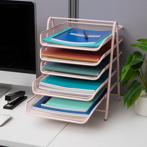 Mind Reader 5-Tier Paper Tray, Desktop Organizer for File Storage, Metal Mesh, Pink