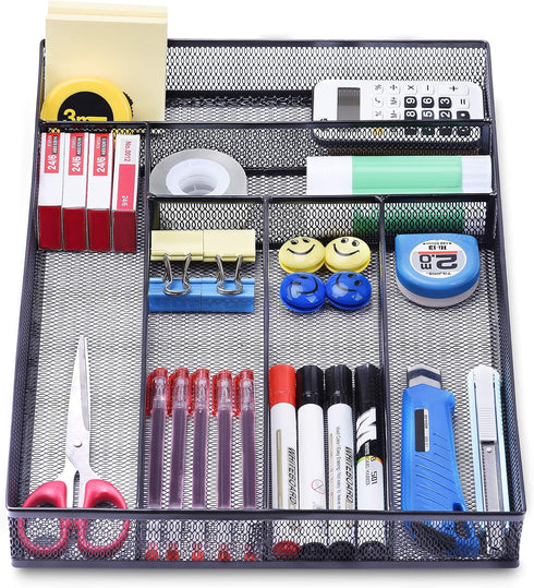 WuGeShop Desk Drawer Organizer | 6 Compartments Mesh Tray for Stationery & Office Supplies, Black