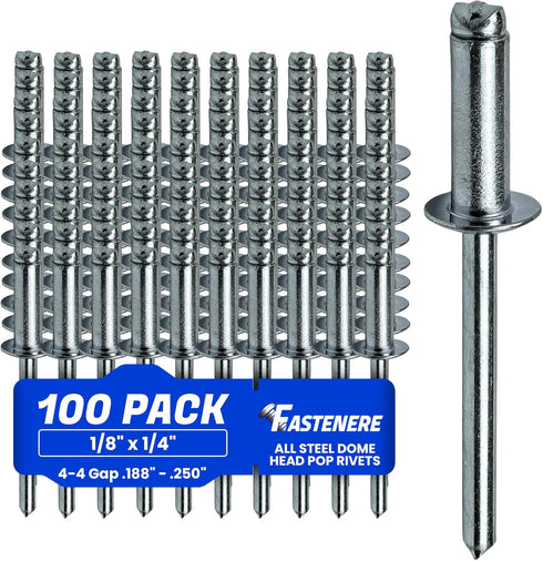 Pop Rivets - 1/8" x 1/4" (100 pcs) Heavy Duty, Open-End, Low Carbon Steel Dome-Head Blind Rivets