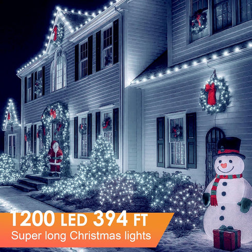 1200 394 IP67 8 Christmas Lights LED FT, Waterproof Christmas Tree Lights with Modes, Outdoor String Lights with Timers
