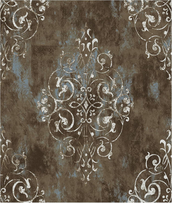 HAOKHOME 94005-1 Vintage Peel and Stick Wallpaper 17.7in x 9.8ft, Damask Brown/Beige/Teal Vinyl for Home Decor