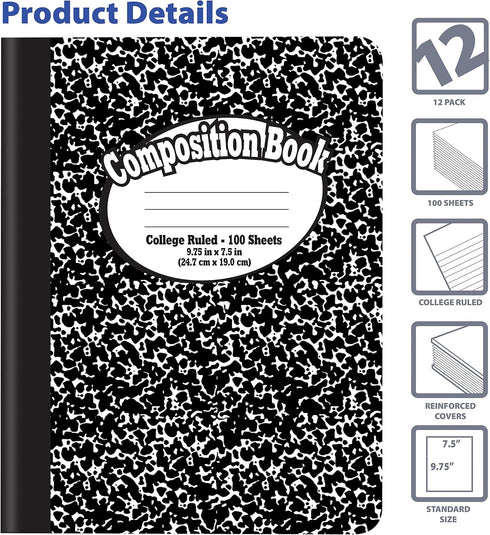 Better Office Products Composition Book Notebook, Hardcover, College Ruled, 100 Sheets, 9.75" x 7.5", Black