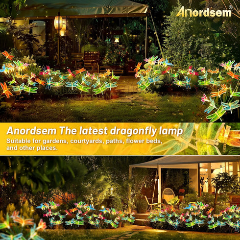 Solar Dragonfly Fairy Lights, 2 Pack Outdoor Garden Decor, Newest Solar Swinging Firefly Animal Lights for Lawn