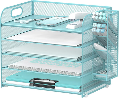 SUPEASY 5 Tier Desk Organizer with Handle & Removable Pen Holders, Blue Mesh Paper/File Organizer for Desk