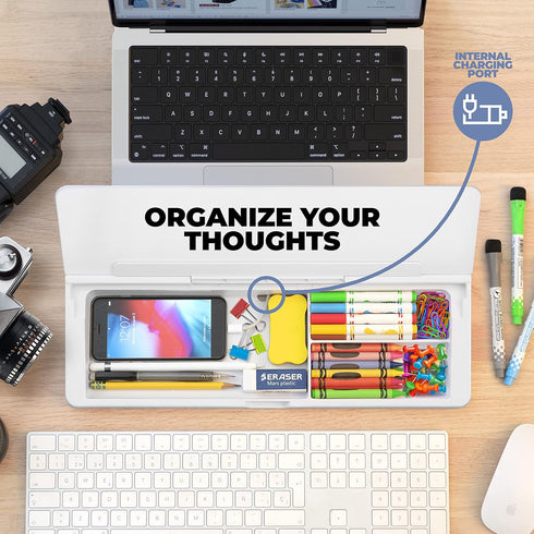 Desktop Whiteboard, Glass Dry Erase White Board, Desk Computer Buddy with Phone & Tablet Slot, Includes 4 Markers, 1