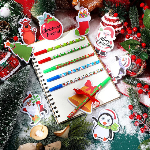 Cholemy 36 Sets Christmas Notepad Holiday Ballpoint Pens with Ribbon, Winter Holiday Theme Sticky Note Set