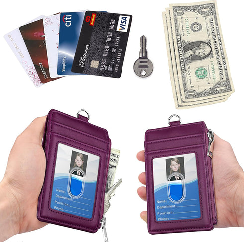 ELV PU Leather ID Badge Holder with Zipper, 5 Card Slots, RFID Blocking Pocket, 20 inch Neck Lanyard, Purple