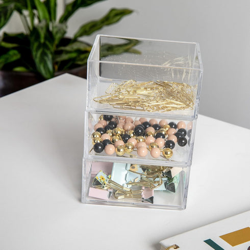Martha Stewart Brody Desktop Storage Organizer, Stack and Slide Plastic Tray, Clear Organizer for Office, Kitchen,