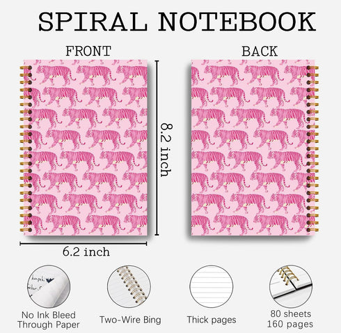 Hot Pink Journal Notebook - Preppy Tiger Spiral Notebook with 164 Pages, 5.5" x 8.3"