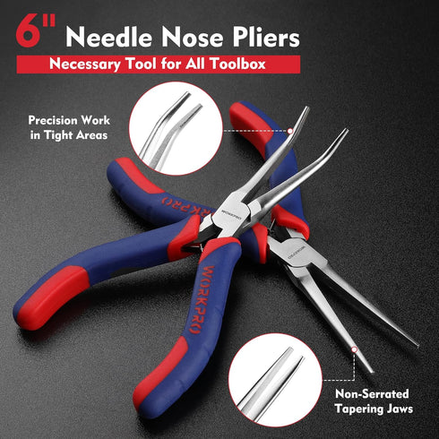 WORKPRO 2-Piece 6" Mini Needle Nose Pliers Set, Long Nose Pliers, Bent Nose Pliers with Comfort Grip Handles, For Wire Wrapping, Handmade Craft by WORKPRO