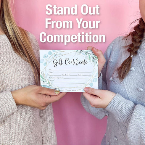 Hadley Designs 25 Eucalyptus Gold Blank Certificates, Paper Voucher for Hair & Nail Salon, Small Business Coupons