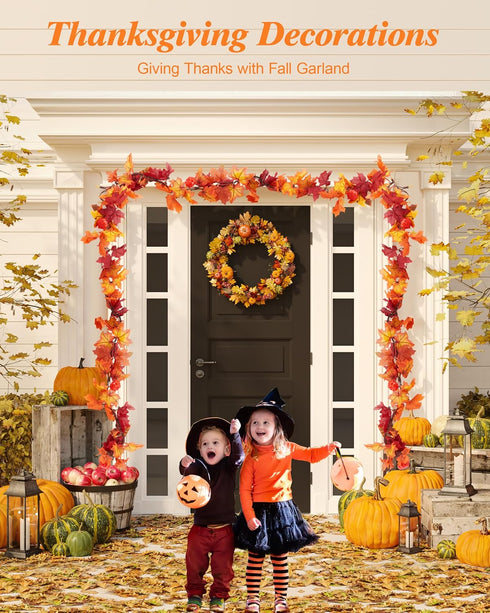 11FT 50 Bulbs VCOKEN Fall Garland With Lights - Connectable Maple Leaves With Pumpkin, Plug-in Decor for Outdoor Indoor