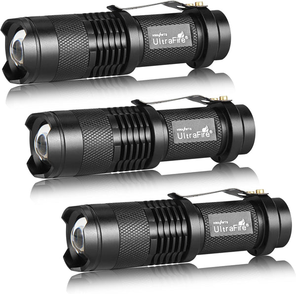 ULTRAFIRE 3 Pack Mini Flashlights, Focus Adjustable SK68 Tactical LED Flashlight, 300 Lumens