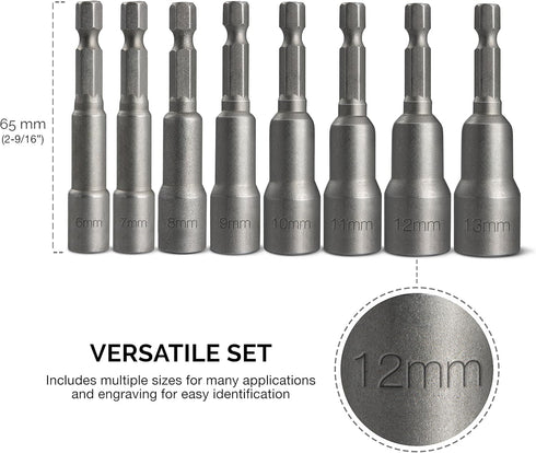 NEIKO 10065A 1/4 Hex Shank Magnetic Power Impact Nut Driver Set, 8 Piece Tool Set, Professional Grade
