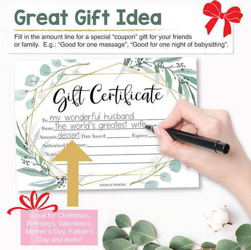 Hadley Designs 25 Eucalyptus Gold Blank Certificates, Paper Voucher for Hair & Nail Salon, Small Business Coupons