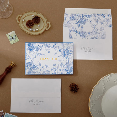 50 Pack Crisky Blue Floral Thank You Cards Gold Foil Greeting Notes Bulk with Envelopes & Stickers for Birthday, Baby