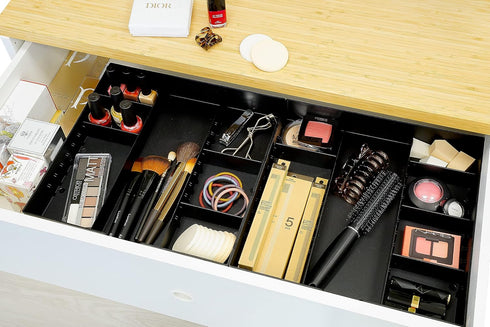 CAXXA 3 Slot Drawer Organizer - 7 Compartments Junk Drawer Storage for Makeup, Office Supplies, BLACK (2 pack)