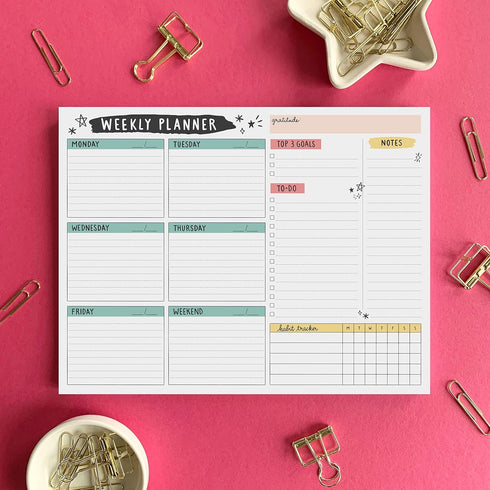 Weekly Planner Pad, 52 Letter Size Tear Off Sheets, 8.5” x 11” Undated Calendar Weekly Desk Planner Notepad