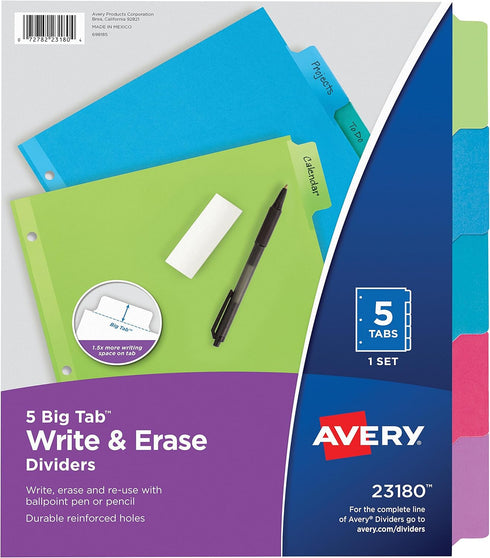 Avery Big Tab Write & Erase Dividers, 5 Multicolor Tabs - 1 Set (23180)