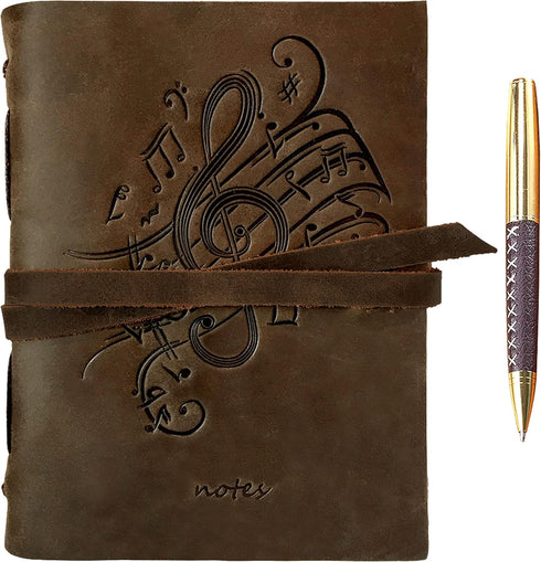 Leather Bound Journal for Men and Women, Handmade Gift Set, Music Notes Embossed Journal, Vintage Classic, 300 Pages