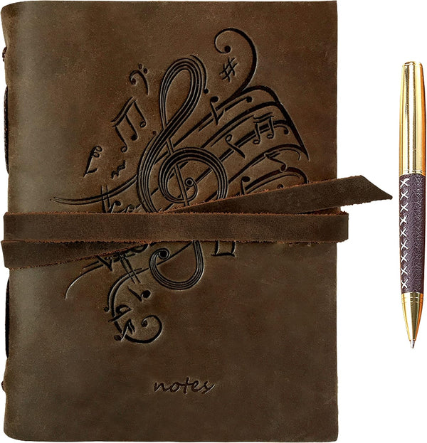 Leather Bound Journal for Men and Women, Handmade Gift Set, Music Notes Embossed Journal, Vintage Classic, 300 Pages