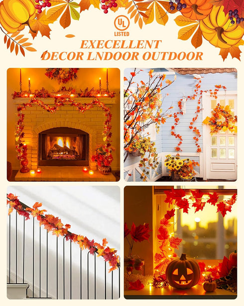 11FT 50 Bulbs VCOKEN Fall Garland With Lights - Connectable Maple Leaves With Pumpkin, Plug-in Decor for Outdoor Indoor