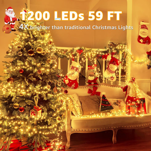 1200 59 8 LED FT Cluster Lights, Warm White Christmas Tree Lights Modes Timer Remote, Waterproof String Lights