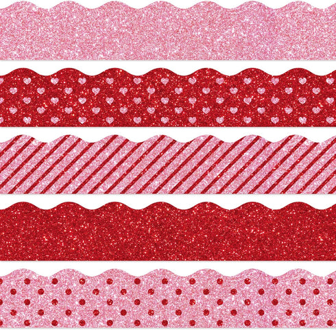 Whaline 69Ft Valentine's Day Glitter Bulletin Board Borders, 5 Designs Red Pink Heart Stripe Dot Decoration