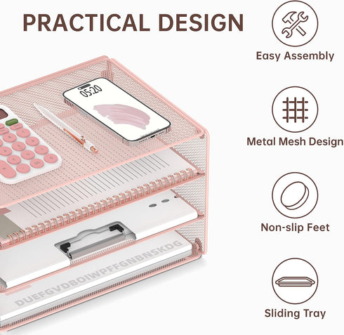 DALTACK 3 Tier Letter Tray Paper Organizer, Mesh Metal Desk File Organizer for Home & Office, Pink