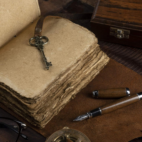 Vintage Leather Journal - Leather Bound Journal with Antique Handmade Deckle Edge Vintage Paper - Book of Shadows (Red