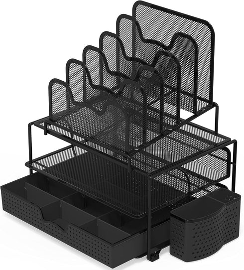 Simple Houseware Mesh Desk Organizer - Sliding Drawer, Double Tray, 5 Stacking Sorter Sections, Black