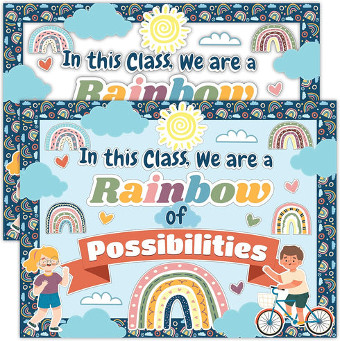 Decorably 55 Pcs Boho Rainbow Classroom Theme Set with Borders - Boho Bulletin Board Decorations for Classroom