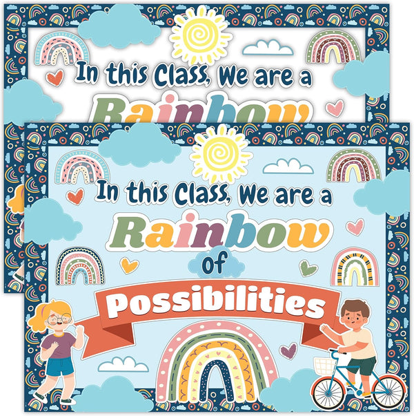 Decorably 55 Pcs Boho Rainbow Classroom Theme Set with Borders - Boho Bulletin Board Decorations for Classroom