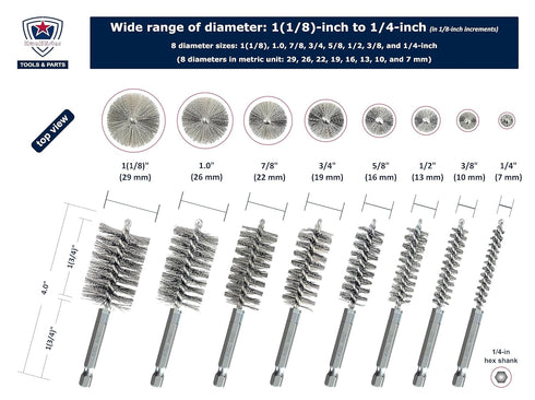 16-PC Bore Brush Set - 8-Size Stainless-Steel and Brass Wire Brushes for Power Drill Cleaning Tool
