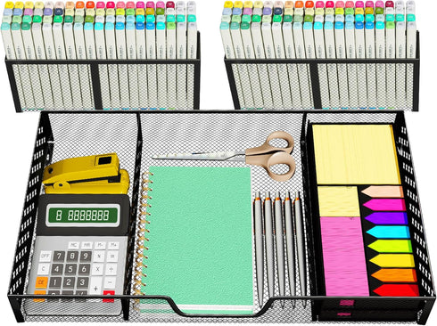 Simplie Desk Drawer Organizer Tray with 2 Pen Holders, Metal Mesh Dividers for Office, Makeup & Kitchen (Black)