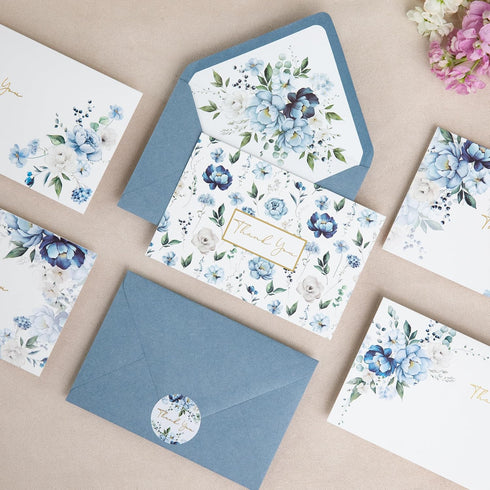 50 PACK 4x6 PONATIA Gold Foil Thank You Cards With Dusty Blue Envelopes, Floral Printing Greeting Cards With Adhesive