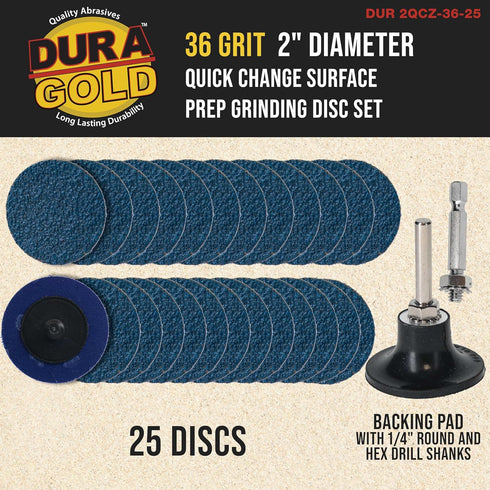 2 Inch 36 (25 Set) Dura-Gold Grinding Discs, Grit Disc with R-Type Roll Lock Adapter & Backing Pad - Quick Change