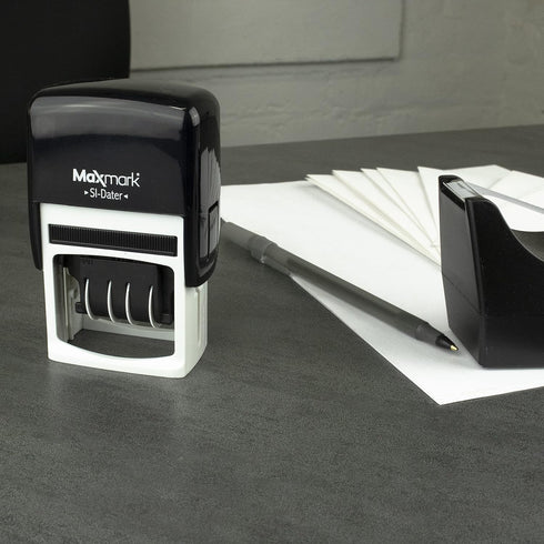 MaxMark Office Self Inking Date Stamp with Phrase Entered, 2 Color Blue/Red Ink