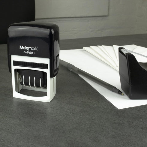 MaxMark Office Self Inking Date Stamp with Phrase Entered - Red Ink