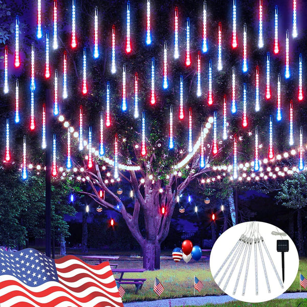 JMEXSUSS Red White and Blue Solar Lights, 8 Tube 144 LEDs Patriotic