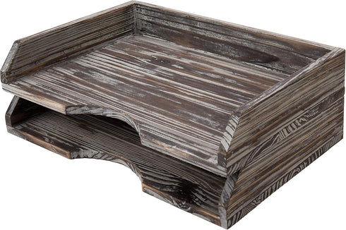 MyGift Set of 2 Torched Wood Stacking Desk Paper Tray, Stackable Document File Folder and Mail Holder Organizer