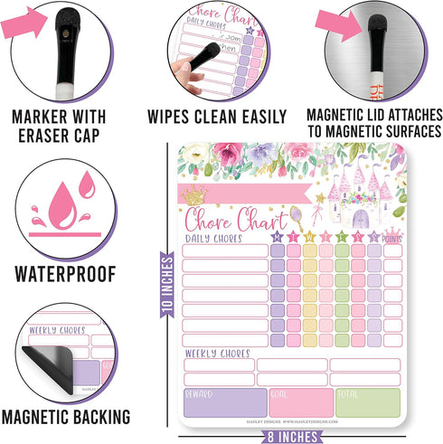 Magnetic Chore Chart for Kids - Good Behavior Chart, Dry Erase Daily Weekly Responsibility List, Princess Board
